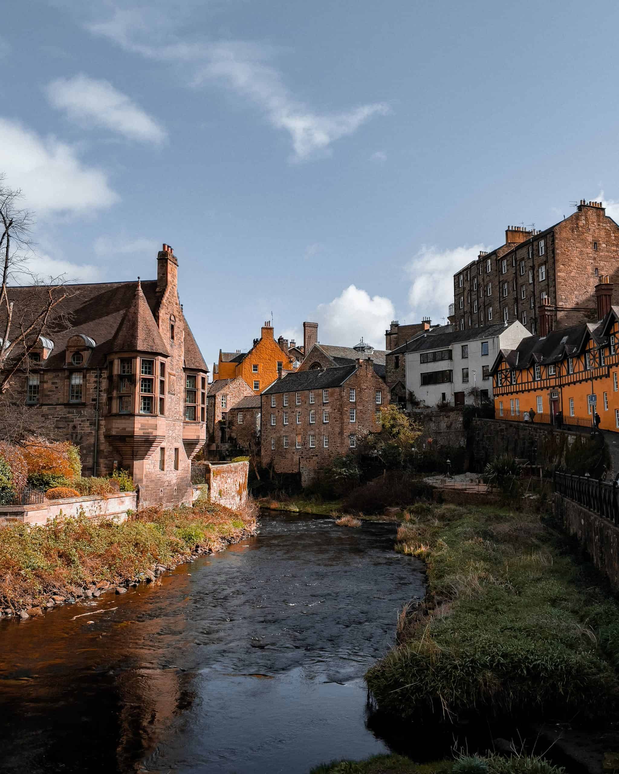 Homes along the river in Dean's Village, the best place to stay in Edinburgh for a quiet getaway.