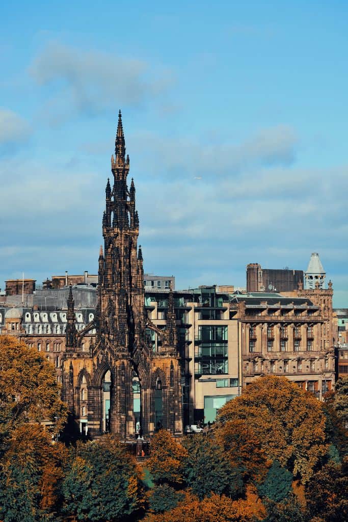 The Scott Monument during fall.