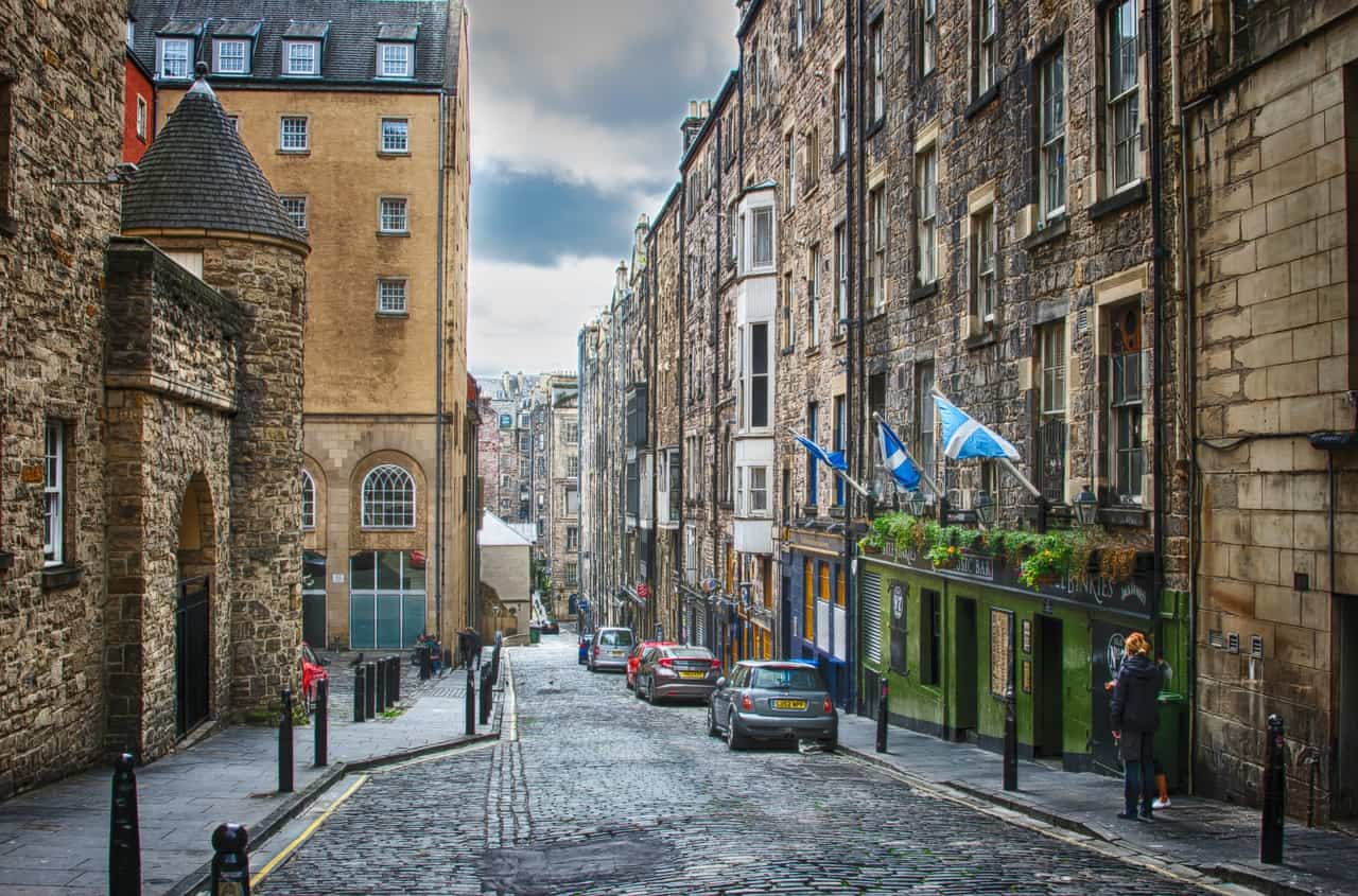 A view of a street in Edinburgh, Scotland.