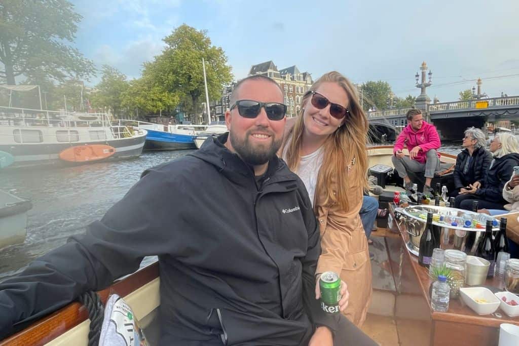 Me and my husband on a private boat tour in Amsterdam.