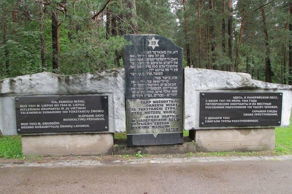 A memorial at the entrance of Paneriai Memorial Park outside of Vilnius, Lithuania.
