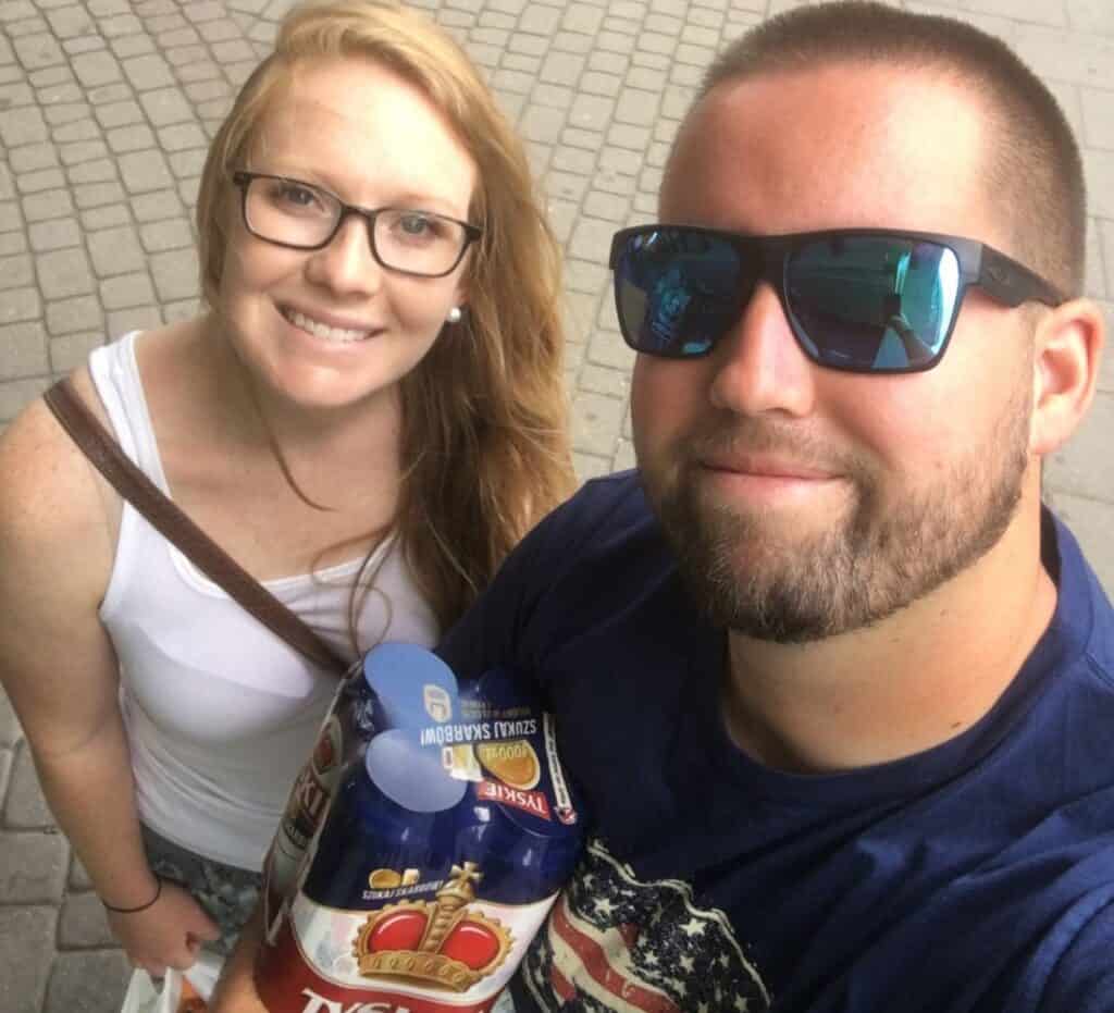 2 Days in Krakow My husband and I after a quick grocery run to Biedronka for beer and snacks during our 2 days in Krakow.