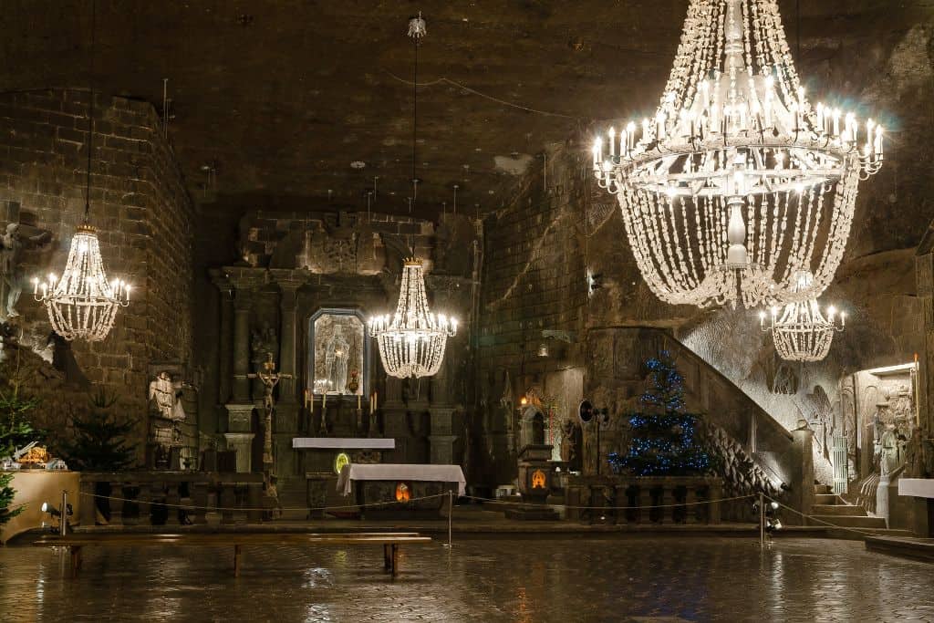 Wieliczka Salt Mines The large cathedral with chandeliers hidden in the Wieliczka Salt Mines. This is one of the most interesting things to visit when spending 2 days in Krakow.