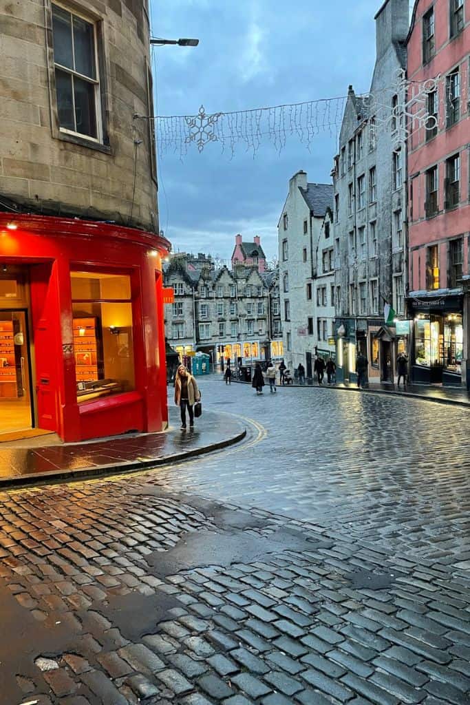 A view of Victoria Street in downtown Edinburgh. This street that inspired Diagon Alley is the perfect place to visit with kids.