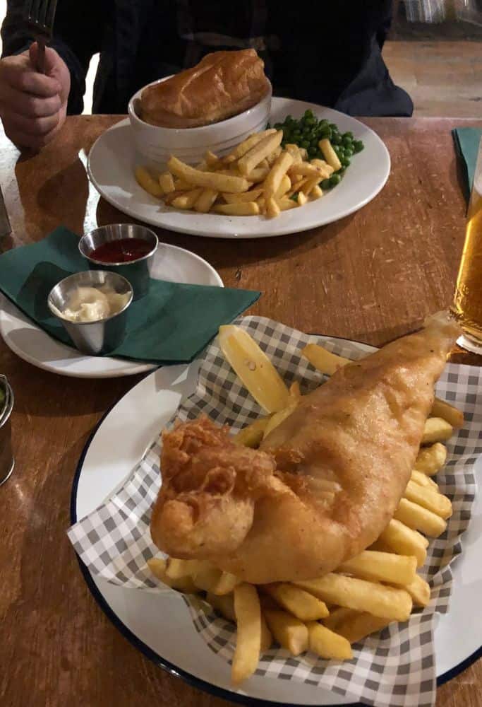 Fish and chips and Fish pie as served at a pub.