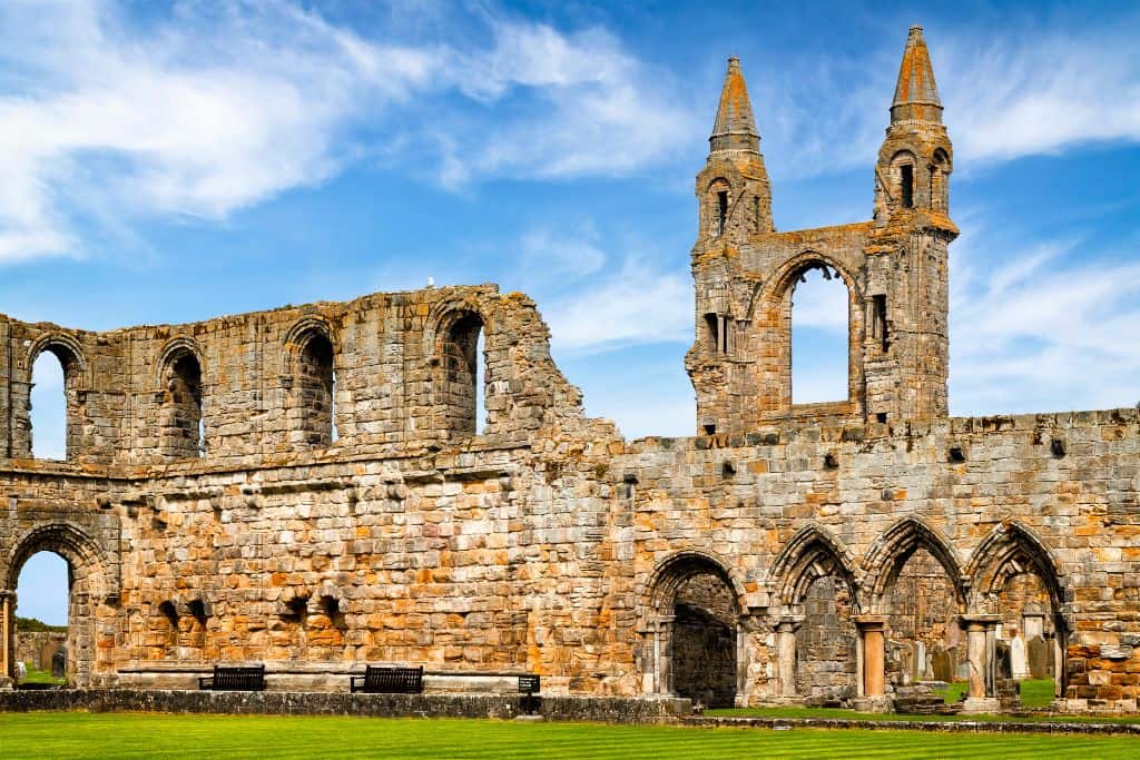 Day Trips From Edinburgh Without a Car Ruins of a cathedral in St. Andrews, Scotland, a great option for a day trip from Edinburgh without a car, since there are many historic sites like this one.