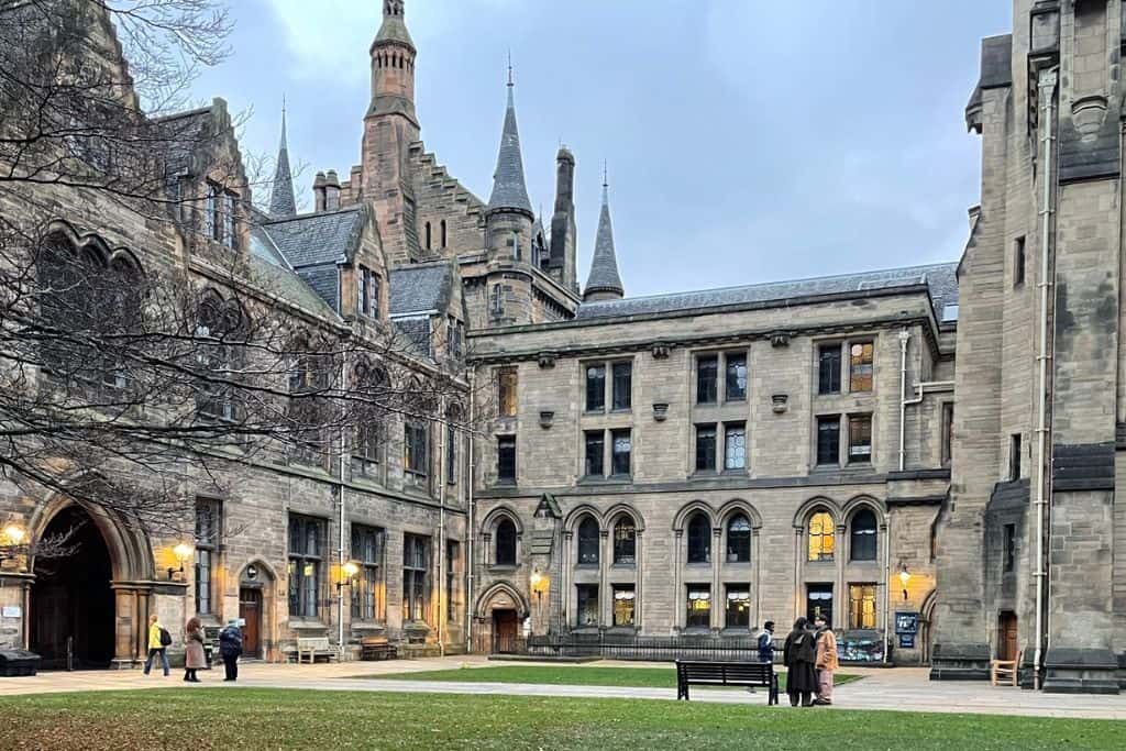 Day Trips From Edinburgh Without a Car A view of a courtyard inside University of Glasgow, one of the oldest universities in the United Kingdom.