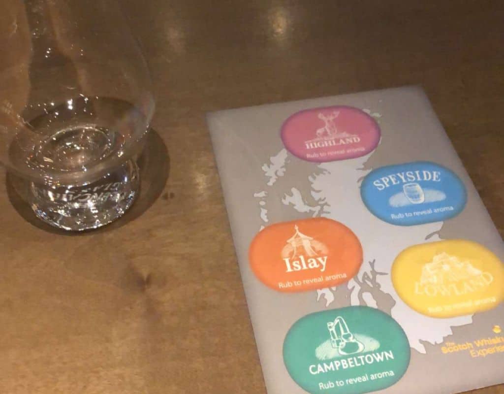 A tasting menu card for The Scotch Whisky Experience with different whisky regions of ScotlandโHighland, Speyside, Islay, Campbeltown, and Lowlandโeach represented by a colorful circle. Next to the card is an empty whisky glass.