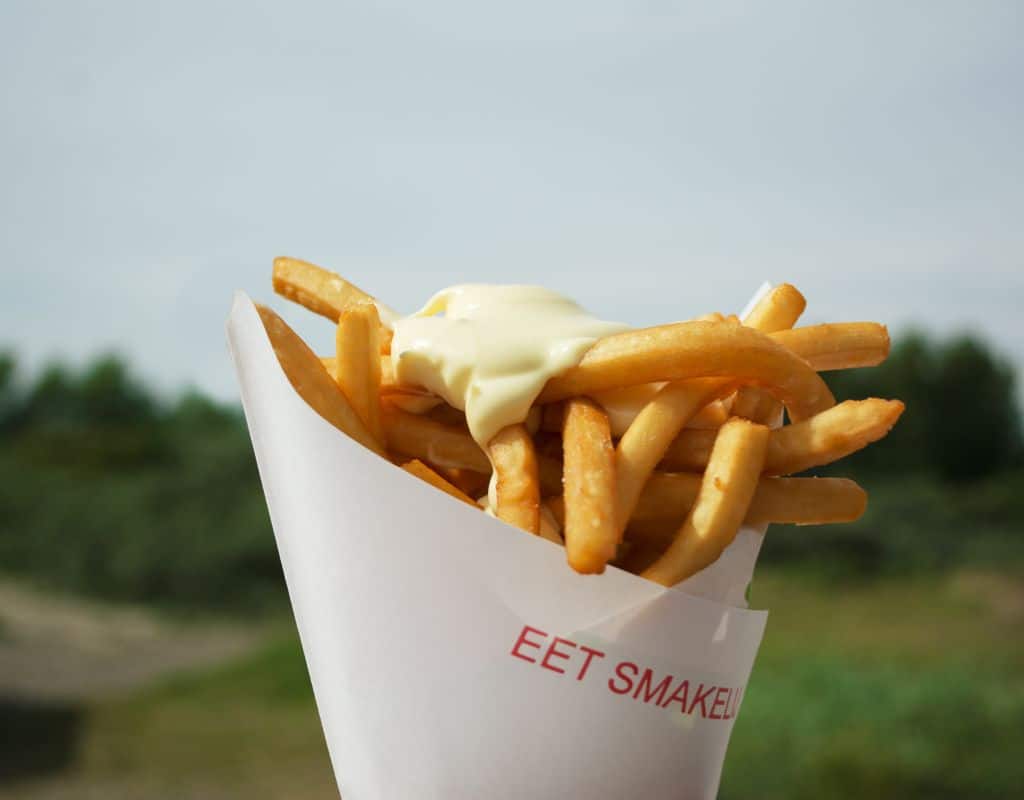 A close-up of a cone filled with crispy fries topped with creamy mayonnaise, held up against a scenic outdoor backdrop. The cone has "EET SMAKELIJK" (Enjoy your meal) printed on it. Amsterdam’s signature fries, served the traditional Dutch way—with plenty of sauce.