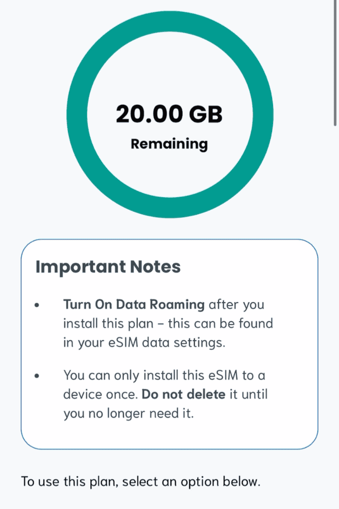 Best eSIM for Europe Dashboard showing 20.00 GB remaining on a Greece 20GB Simlocal eSIM plan, useful for travelers researching the best eSIM for Europe and real user data in a Simlocal eSIM review.