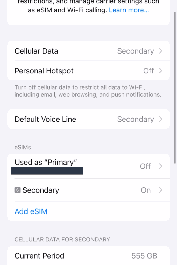 SimLocal eSIM review iPhone cellular settings with a secondary Simlocal eSIM active and the original primary line off.